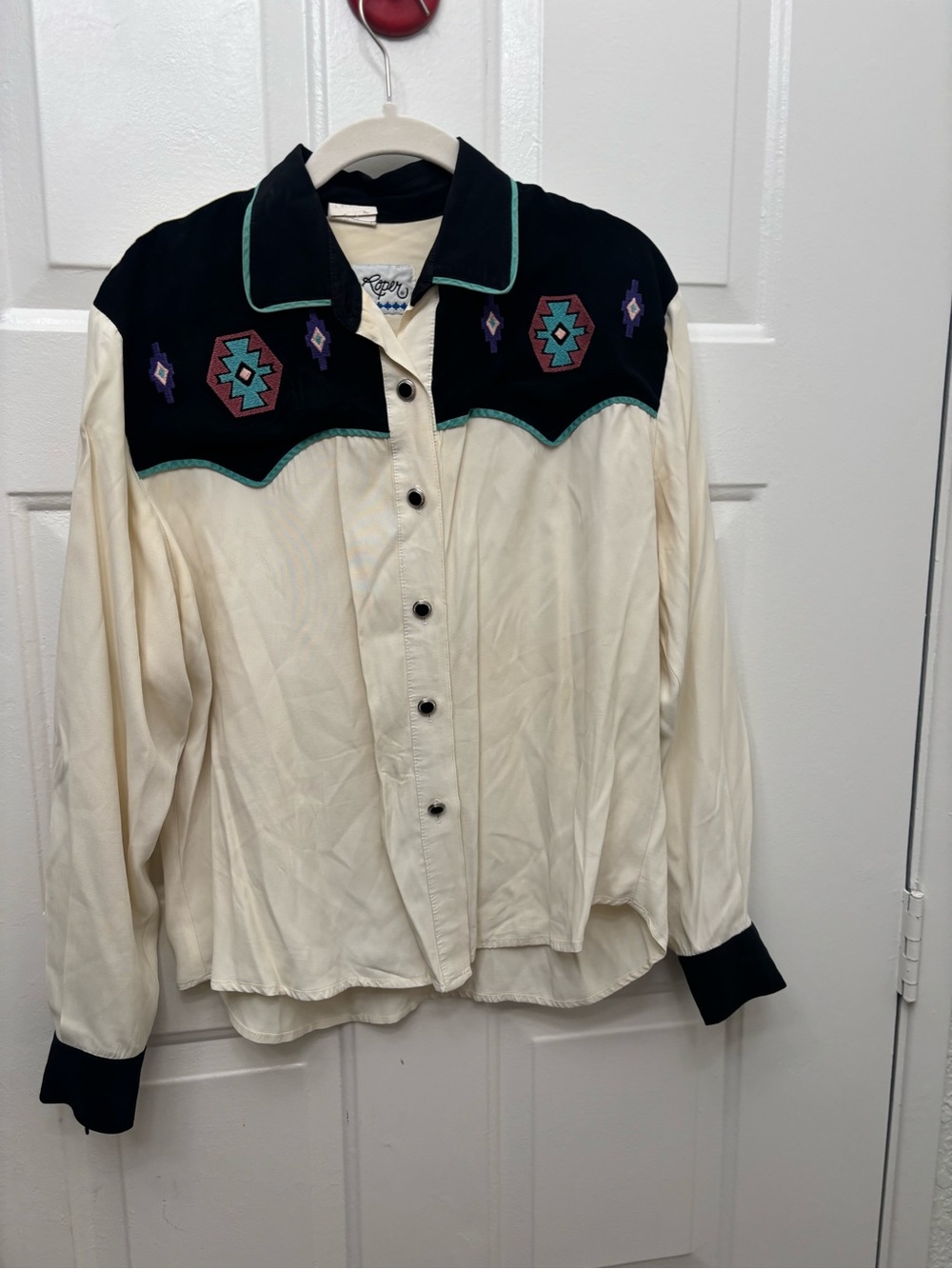 Vintage Roper Cream Shirt with Black Trim and Blue Embroidery